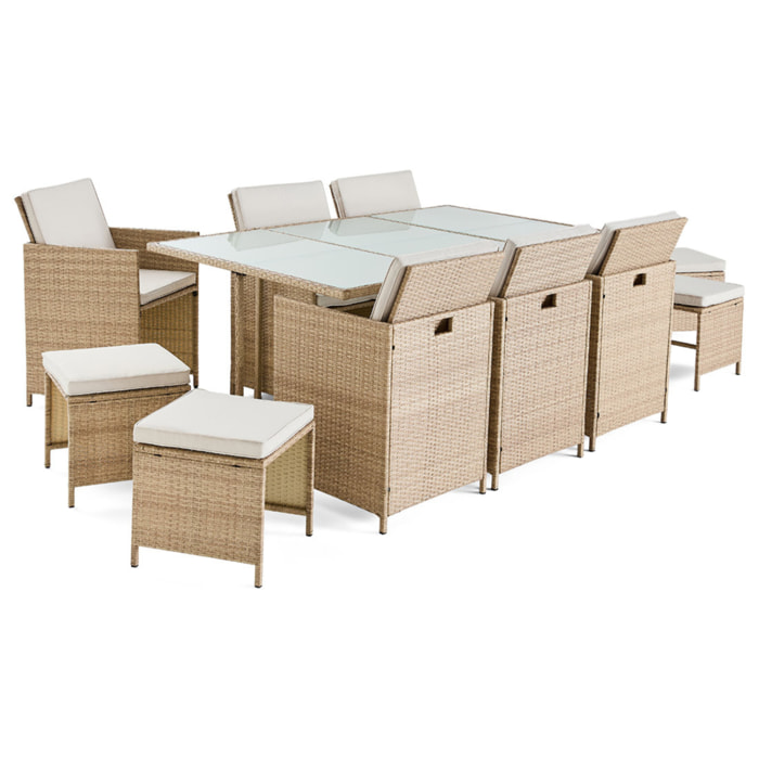 Fira - salon de jardin encastrable en résine tressée beige - 10 places - coussins beige + housse de protection - Beige