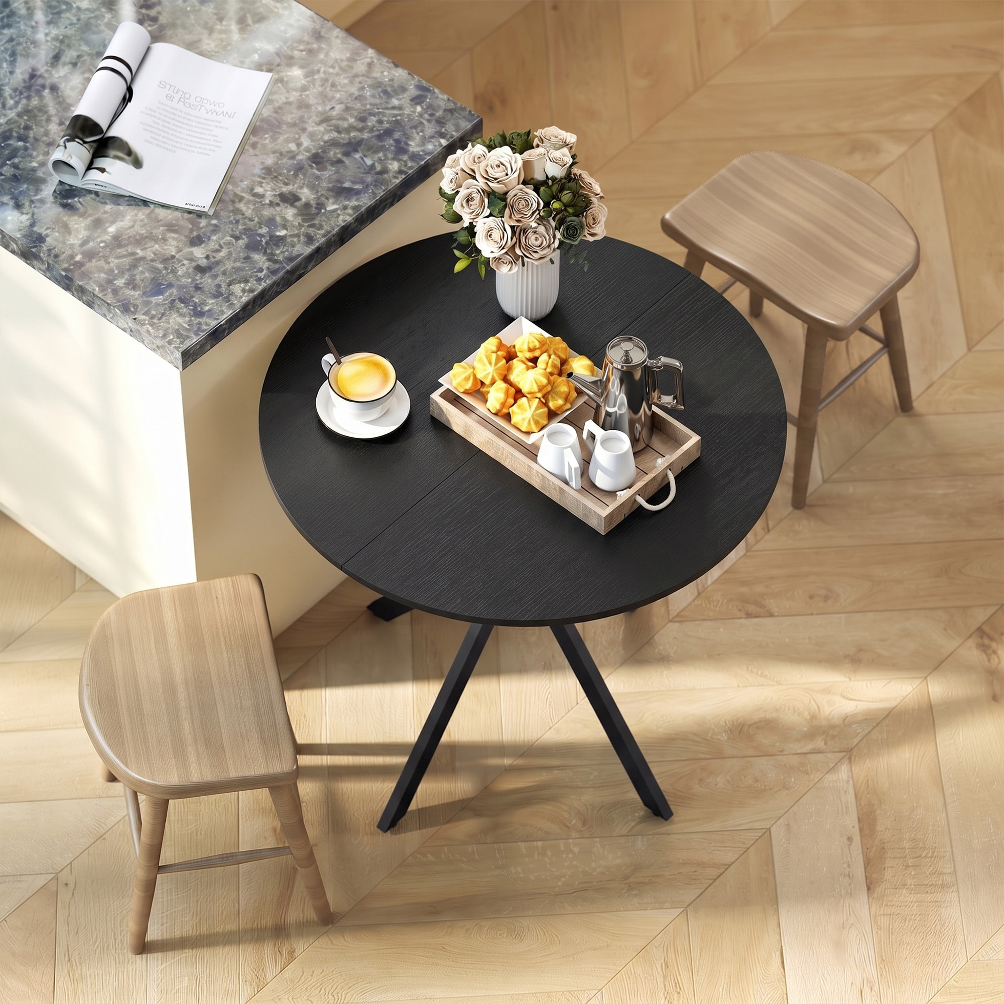 Table ronde style industriel bois métal 2 pers. dia. 80 cm noir