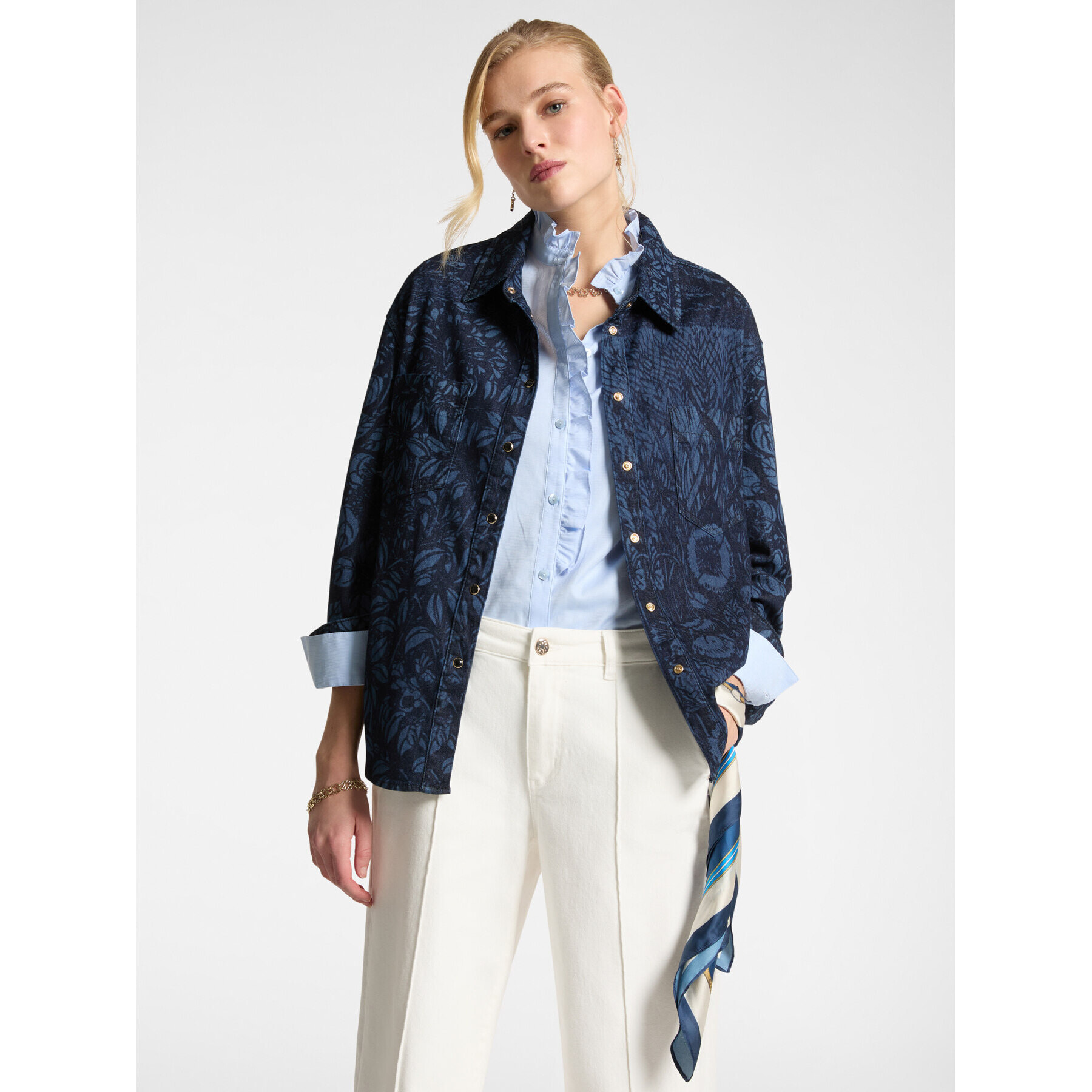 Elena Mirò - Camisa vaquera con diseño de follaje - Azul