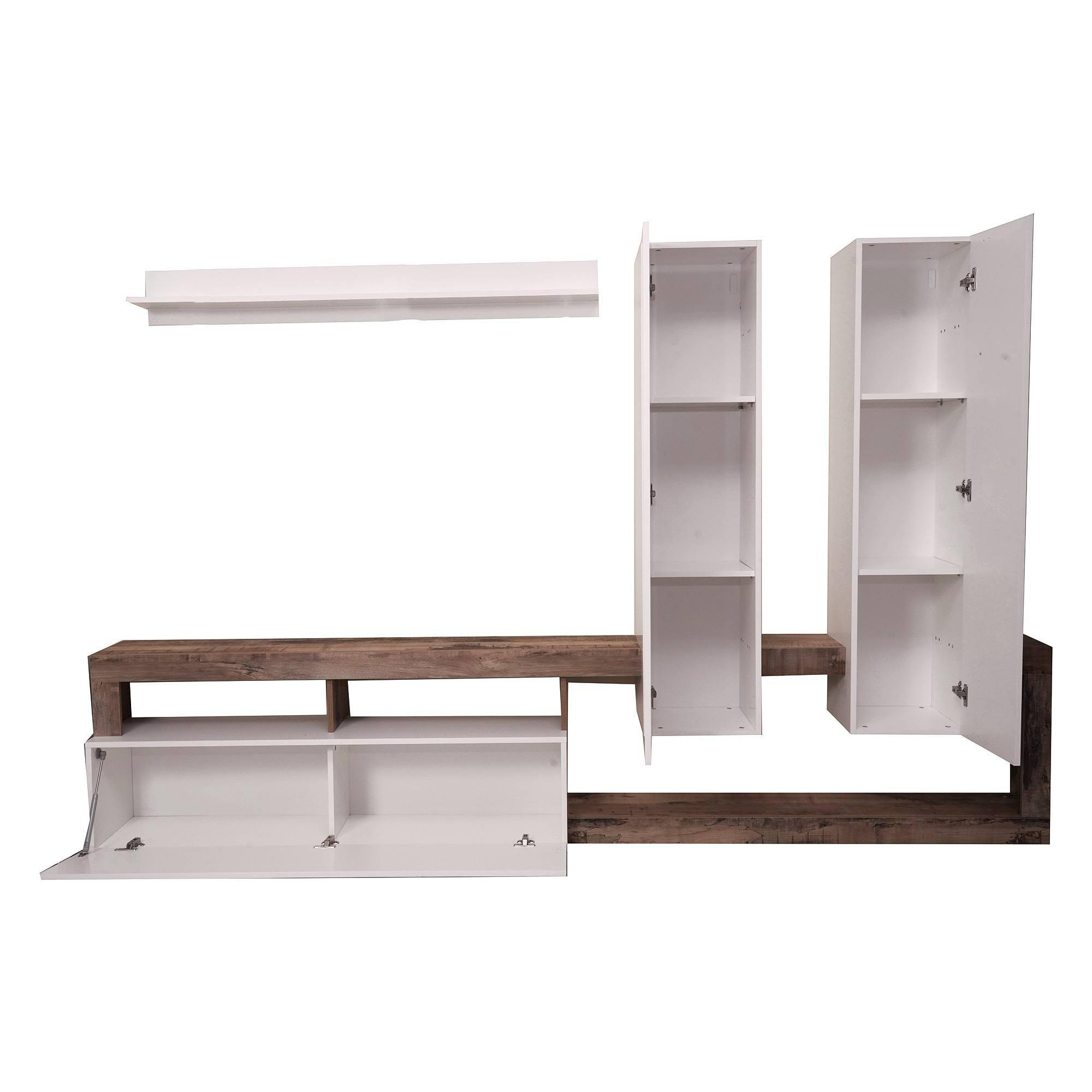 Parete attrezzata da salotto, Mobile porta TV con base, 2 pensili e 1 mensola, Soggiorno moderno, Made in Italy, cm 277x35xh173, colore Bianco e Pero