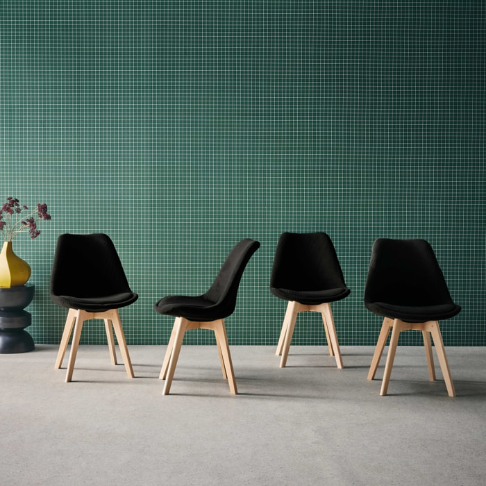 Lot de 4 chaises scandinaves revêtement velours côtelé noir. pieds bois de hêtre - Nils