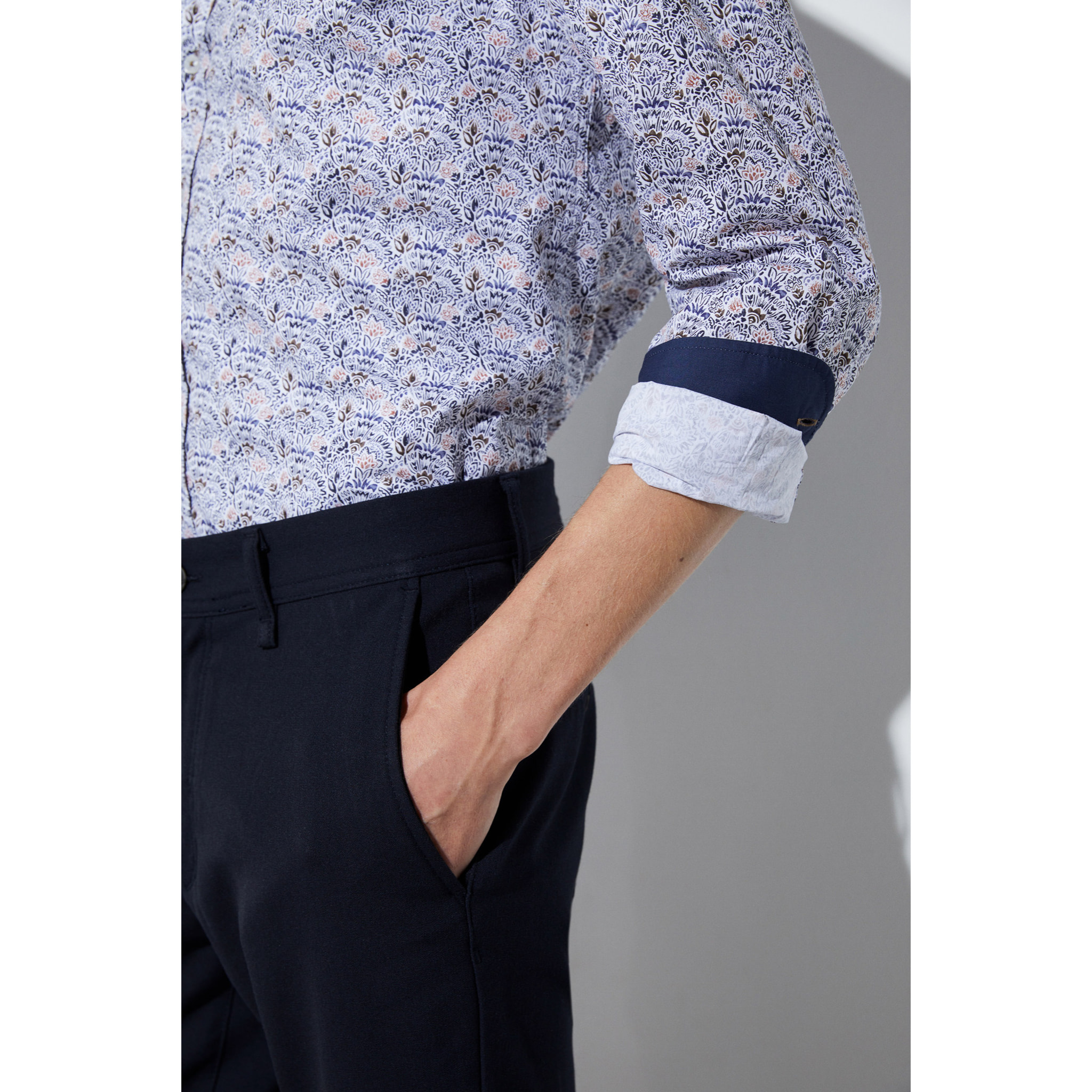 camicia uomo 1 bottone button down slim Popeline Stampato Bianco e Blu