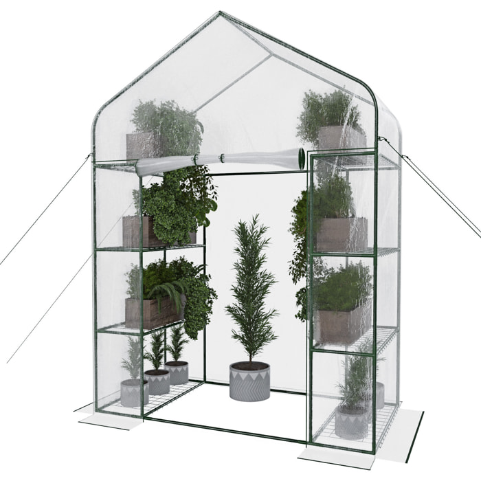 Serra Da Giardino Per Orto Con 8 Ripiani In Metallo Telaio A Casetta Acciaio Telo Trasparente PVC Porta Avvolgibile Apertura Cerniera 143x74x195 Cm