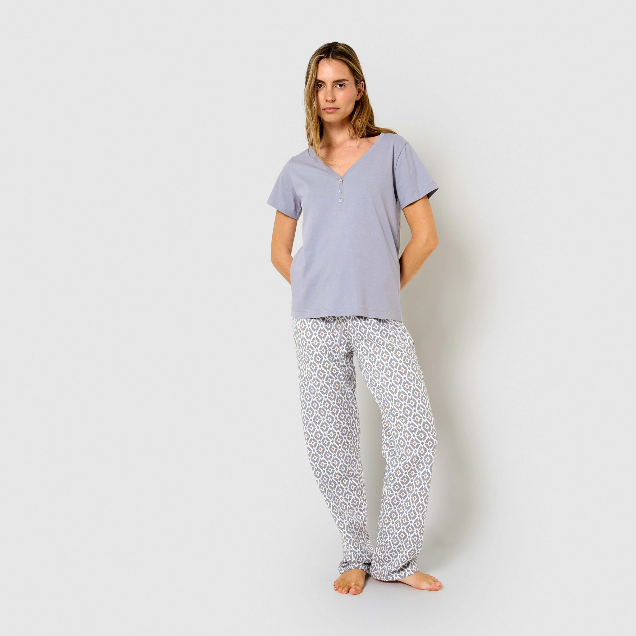 Pijama largo algodón manga corta con escote pico waterloo índigo