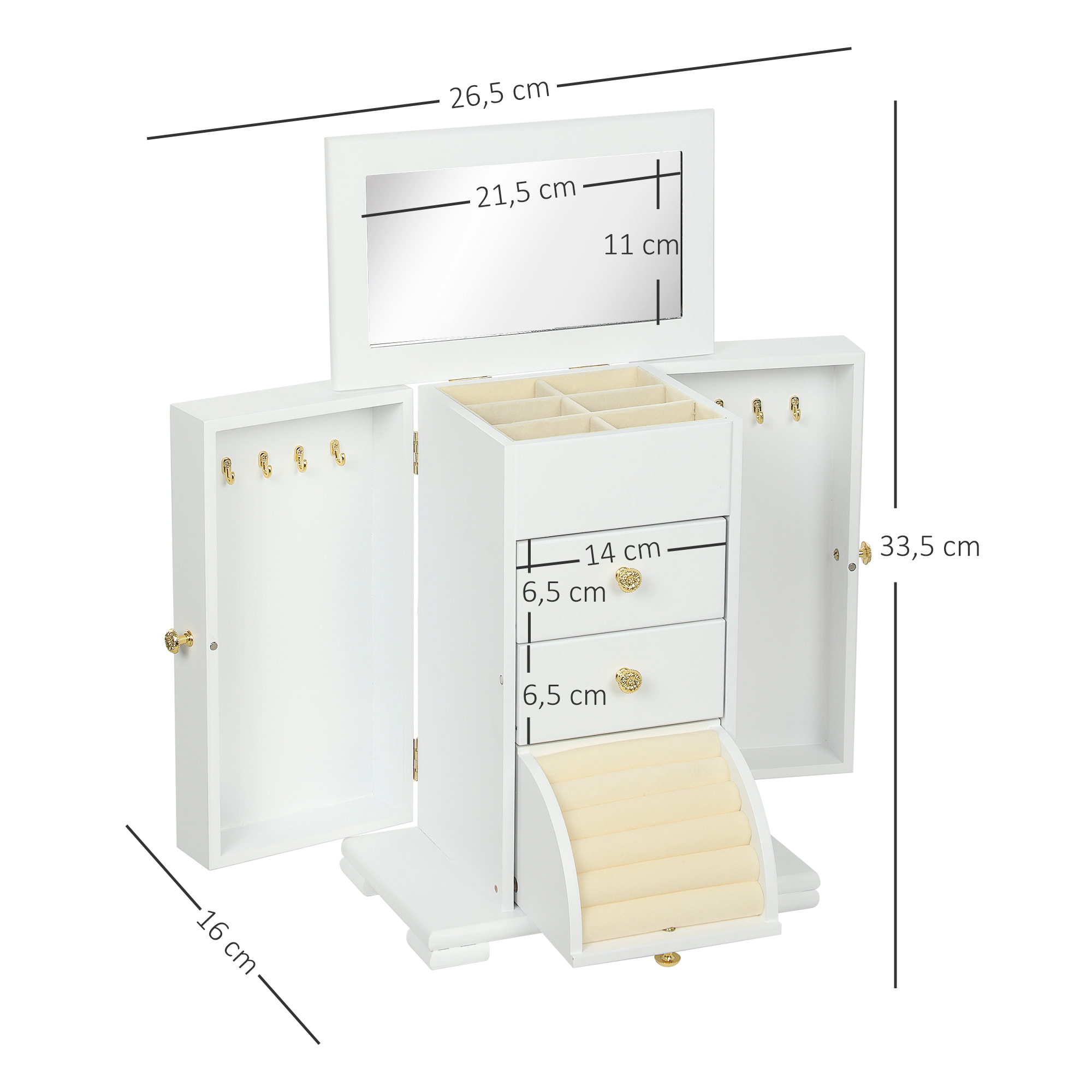 Armoire à bijoux poignées bouton doré miroir bois blanc