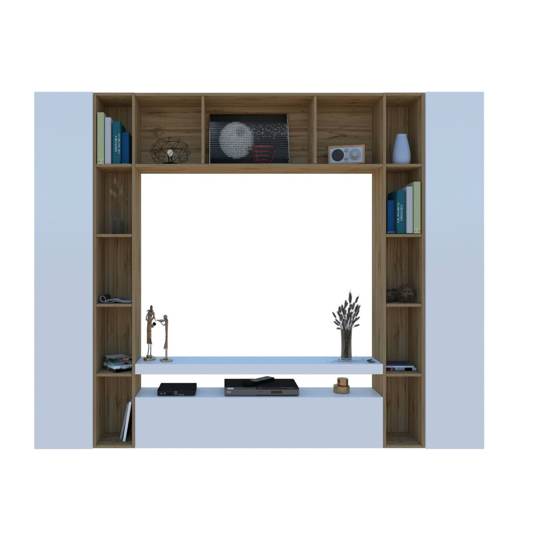 Parete attrezzata Gilberto, Set salotto porta TV a 3 ante, Mobile soggiorno multiuso, 100% Made in Italy, cm 270x35h210, Bianco lucido e Rovere