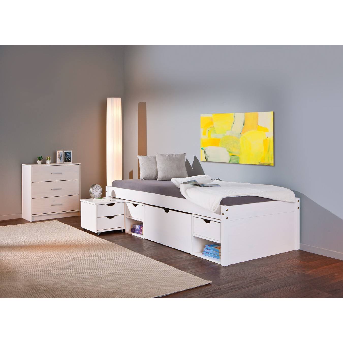 Letto con vani contenitore e comodino conruote incluso in pino massello verniciato ad acqua bianco, cm 209 x 96 x 47,5