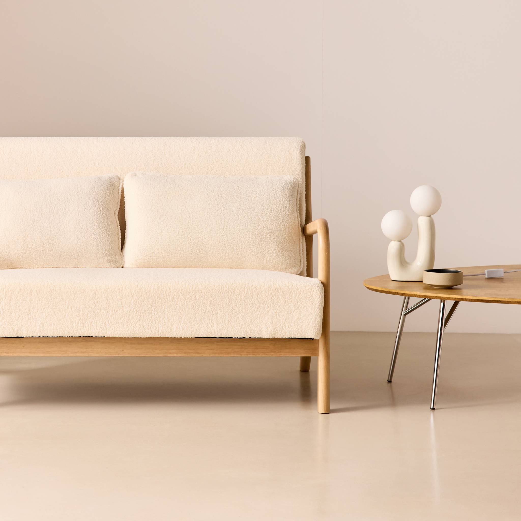 Banquette scandinave 2 places bois d'hévéa et bouclette LORENS