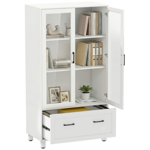 Archivador Vertical con Puertas de Cristal y Cajón, Armario de Oficina con 3 Estantes y Barras Ajustables para Archivos Tamaño A4, Carta y Legal, para Estudio, Salón, 75x40x141 cm, Blanco