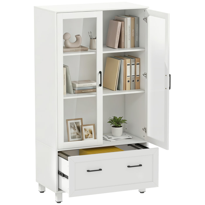 Archivador Vertical con Puertas de Cristal y Cajón, Armario de Oficina con 3 Estantes y Barras Ajustables para Archivos Tamaño A4, Carta y Legal, para Estudio, Salón, 75x40x141 cm, Blanco