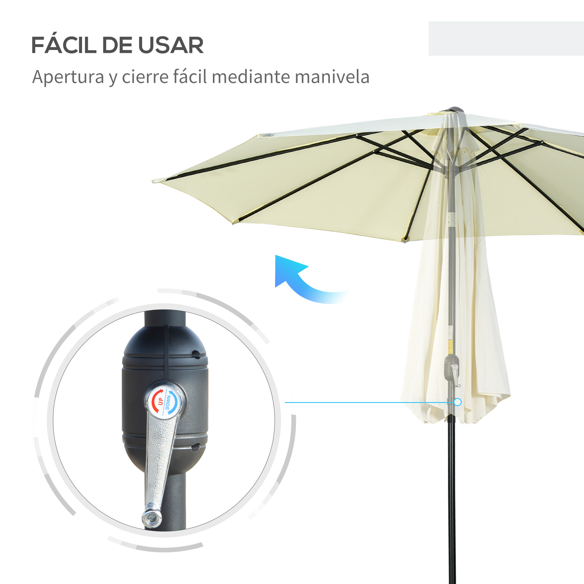 Sombrilla de Jardín Ø295x250 cm con Manivela Parasol Exterior con Mecanismo de Inclinación y Poste Desmontable de Metal para Terraza Piscina Patio Beige