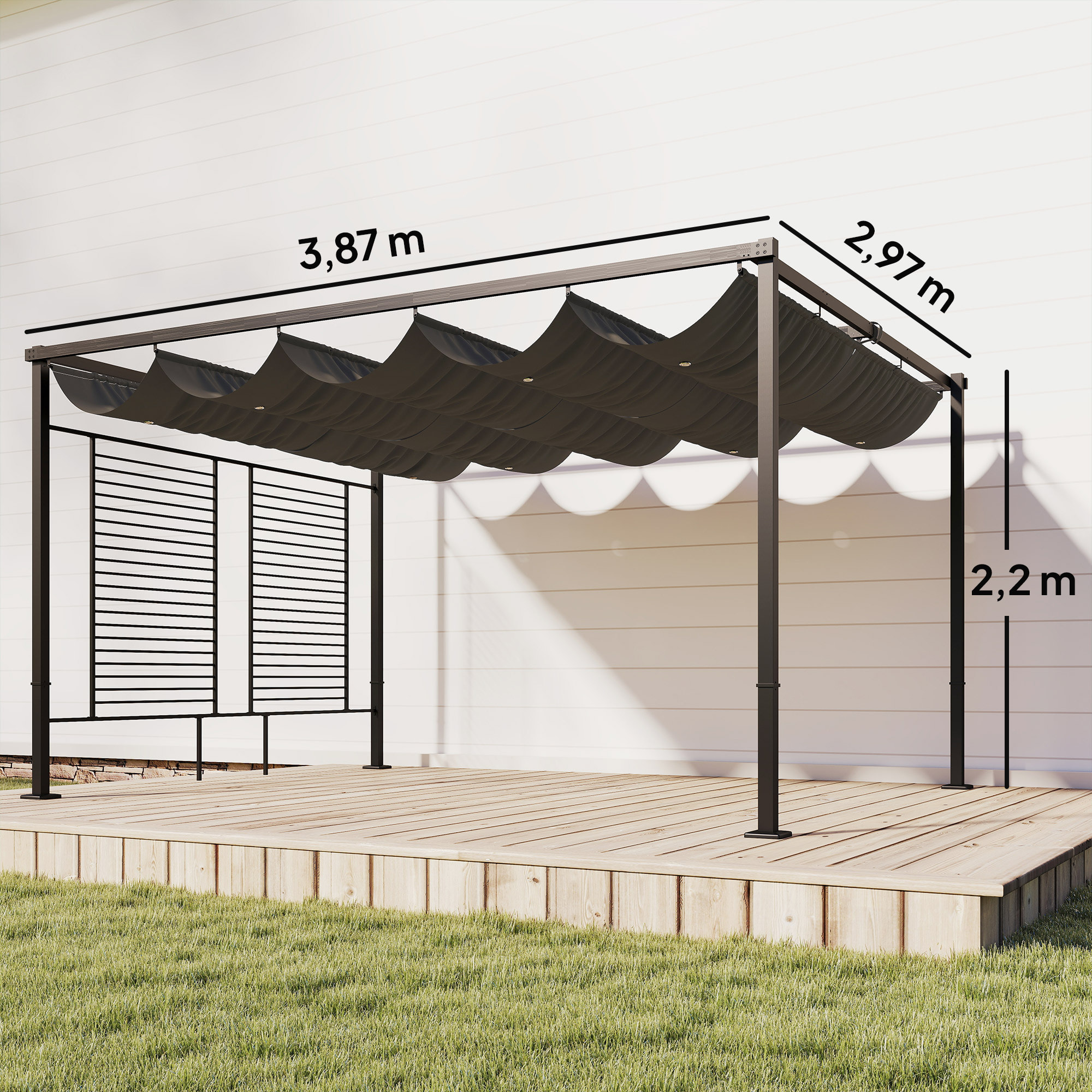Pergola design 3x4m 2 toiles ajustables UV50+ treillis latéral acier anthracite