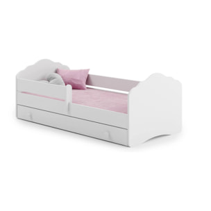 Letto singolo per bambini, Lettino con cassettone e protezione anticaduta e testiera a "nuvola", cm 144x78h58, colore Bianco