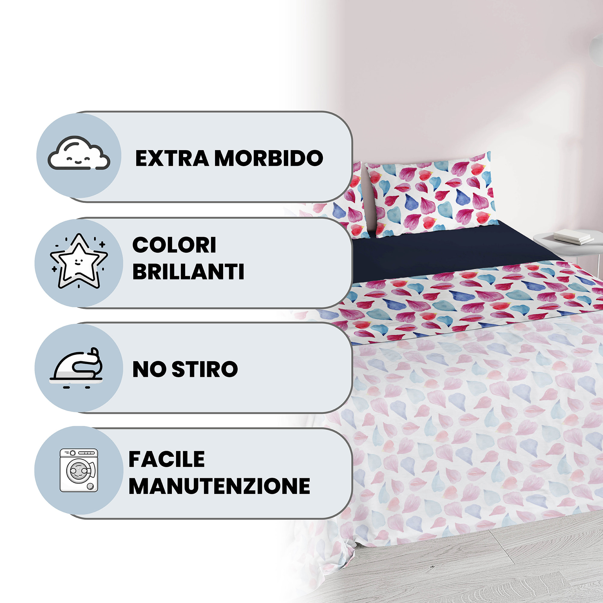 COMPLETO LETTO FANTASY, 100% Microfibra - PETALI