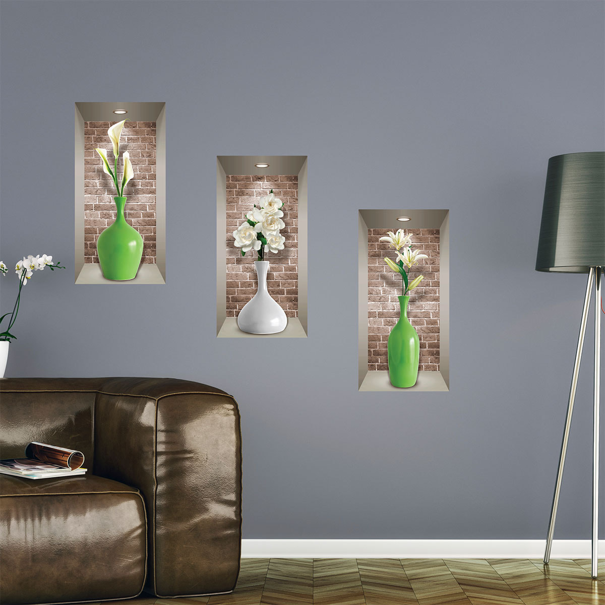 Stickers muraux 3D | Sticker Mural Autocollant effet 3D vases et fleurs blanches - Stickers adhésifs 3D Chambre Salon Trompe l'oeil