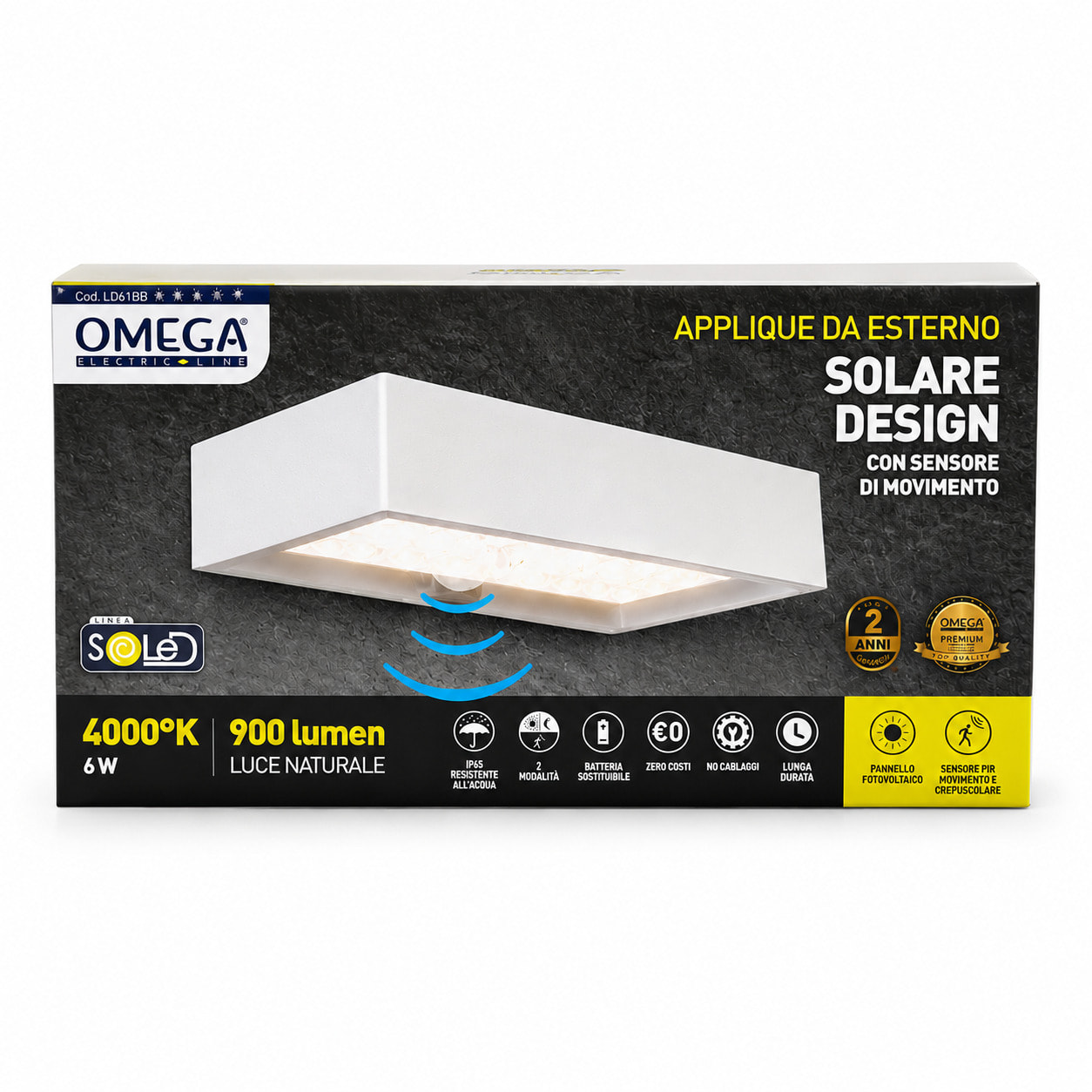 OMEGA Applique LED Solare da Muro 6W 900lm IP54 con Sensore_Bianca