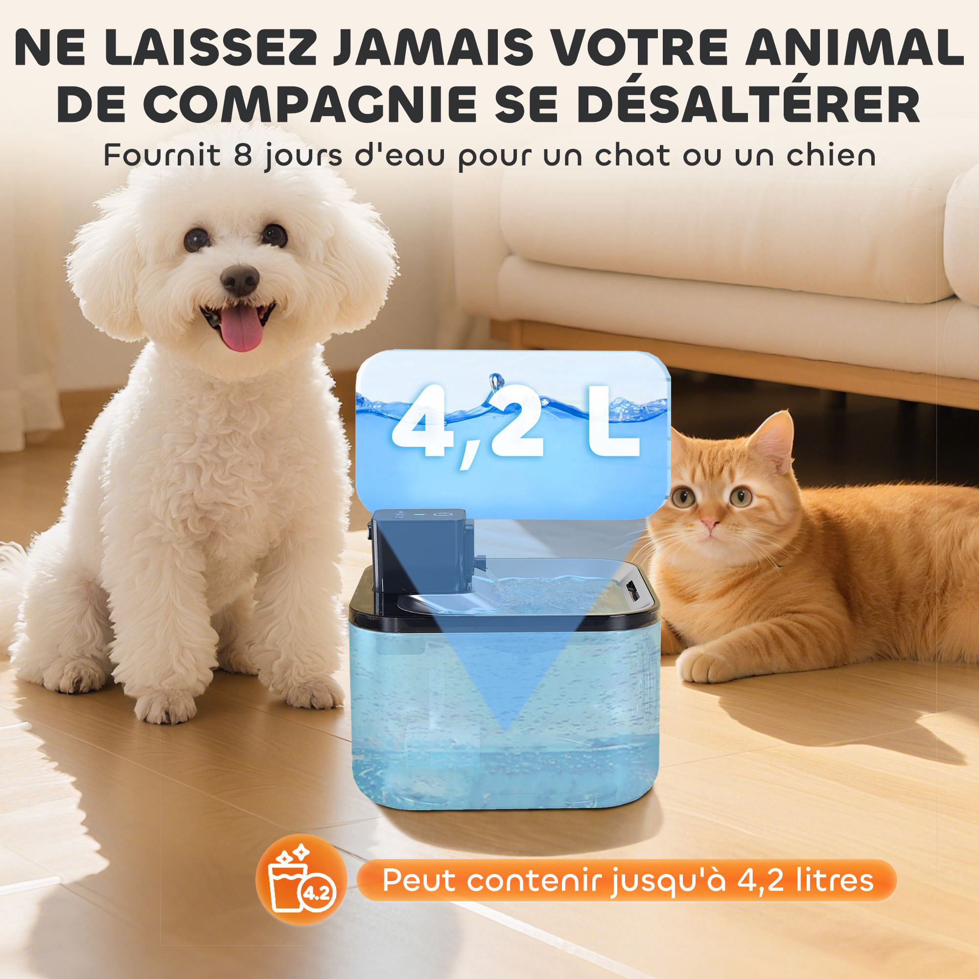 Fontaine à eau pour chat 4,2L filtration 3 étapes charge USB câble + nombreux accessoires inclus acier inox