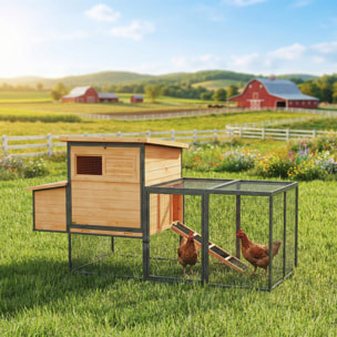 Poulailler bois surélevé avec enclos acier - 2 pondoirs, 3 portes, toits ouvrants - 192x81x104cm