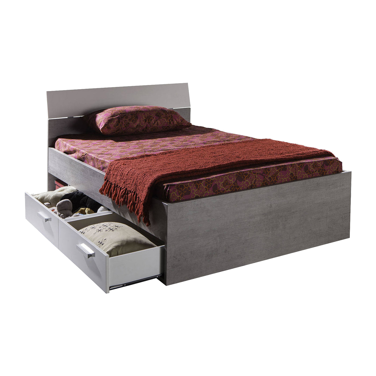 Letto matrimoniale 2 vani 2 cassetti in laminato cemento laccato bianco, 206 x 126.5 x 87, Grigio