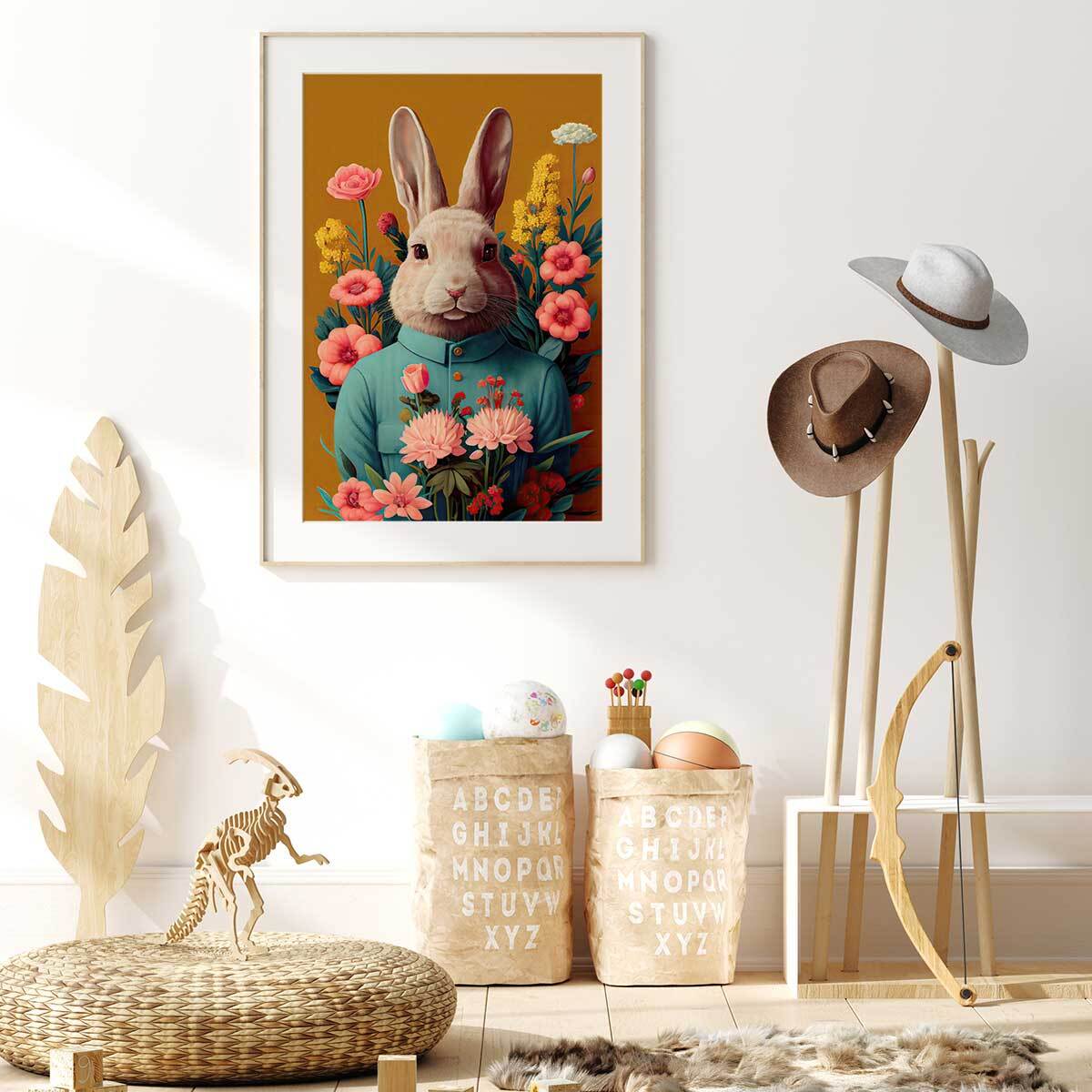 Affiche enfant m. lapin de pâques  Affiche + cadre en bois - Chêne