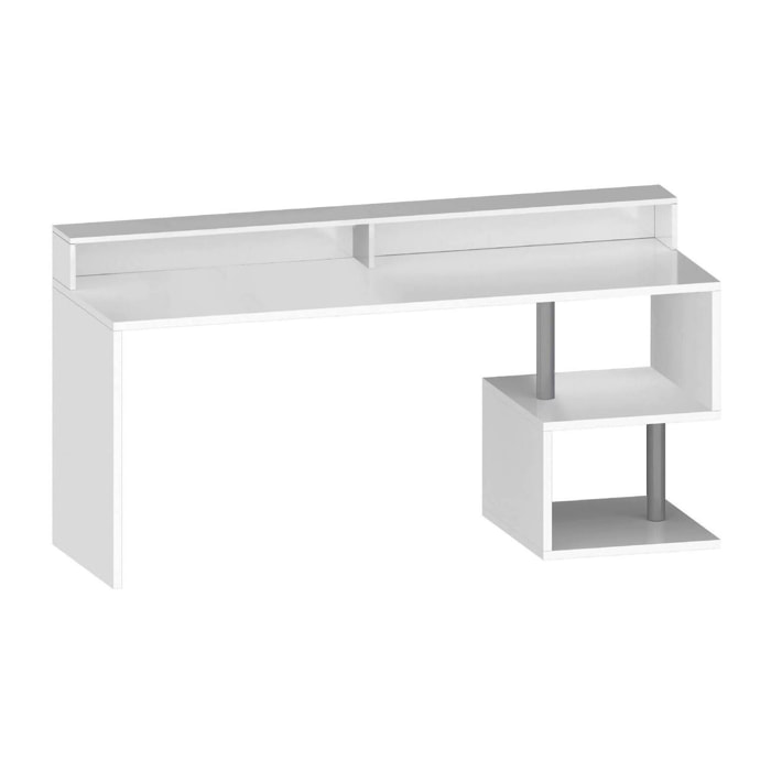 Scrivania Arre, Scrittoio lineare con ripiani portaoggetti e luci LED, Scrivania ufficio multiuso con sopralzo, 180x92,5h60 cm, Bianco