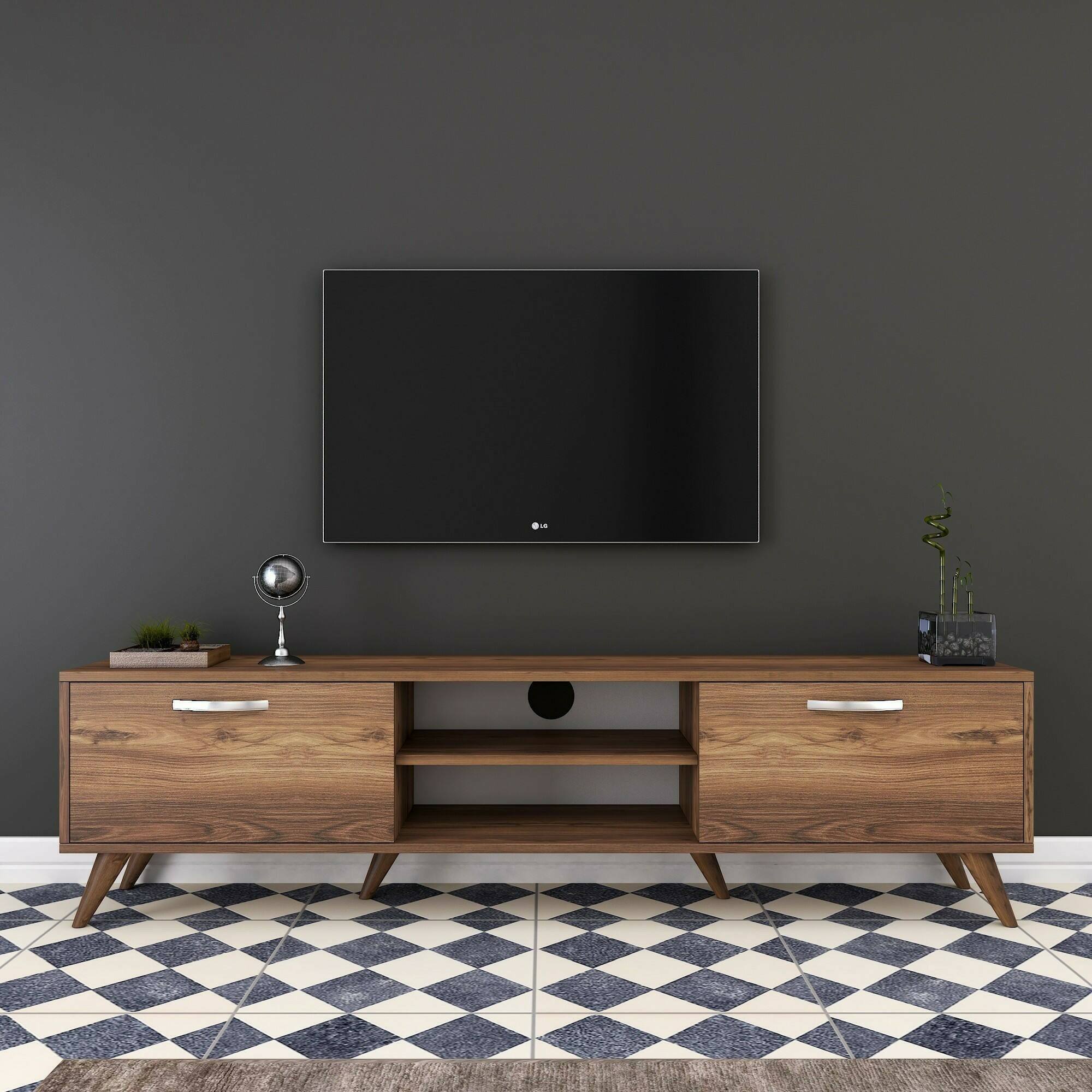Mobile porta TV Avir, Credenza da soggiorno, Armadio basso per TV, Base parete attrezzata, 180x35h49 cm, Noce