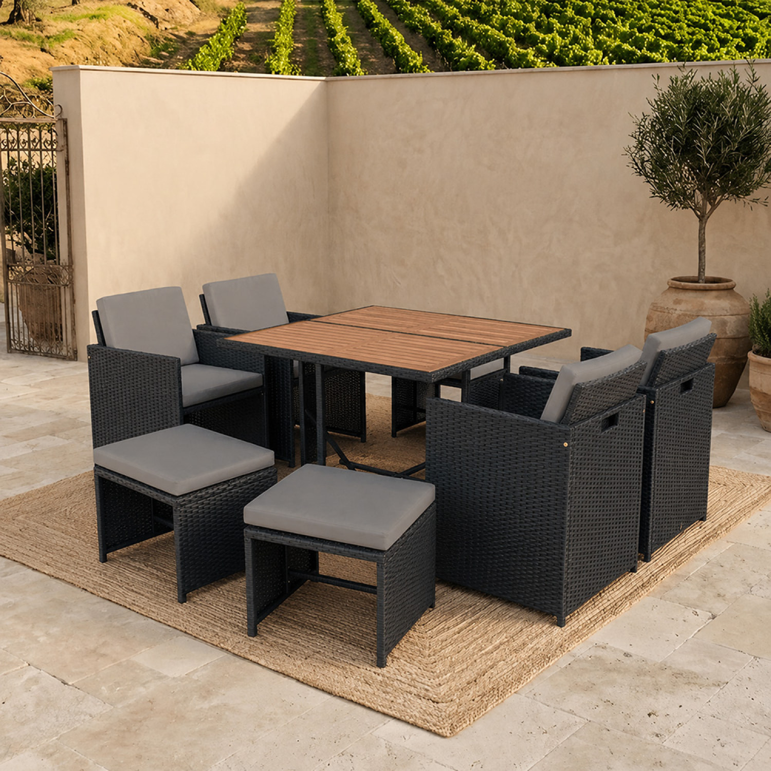 Salon de jardin 8 pl en acacia et résine noir + housse CASCO