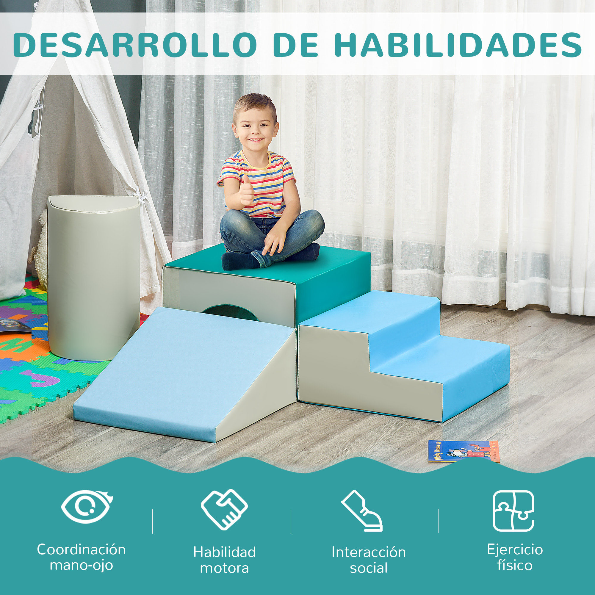 Juego de 4 Bloques de Espuma para Niños de 1-3 Años Tapizado en PU 150x50x39 cm