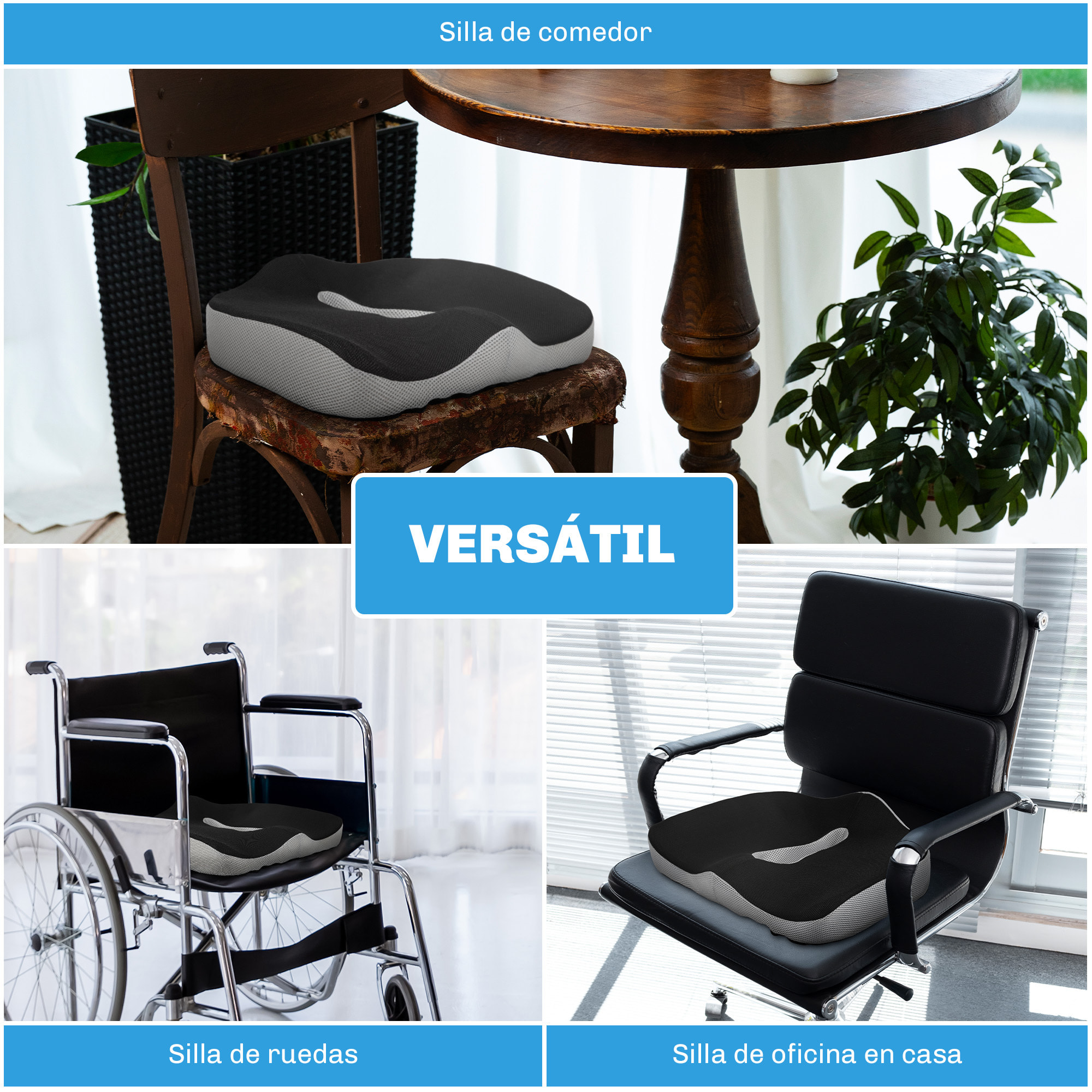 Cojín de Asiento de Espuma Viscoelástica Cojín para Silla de Oficina con Base Antideslizante y Funda de Malla para Silla de Comedor Silla de Ruedas Negro