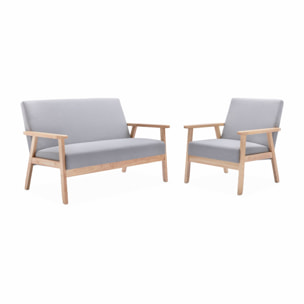 Banquette et fauteuil en bois et tissu gris clair. Isak. L 114 x l 69.5 x H 73cm