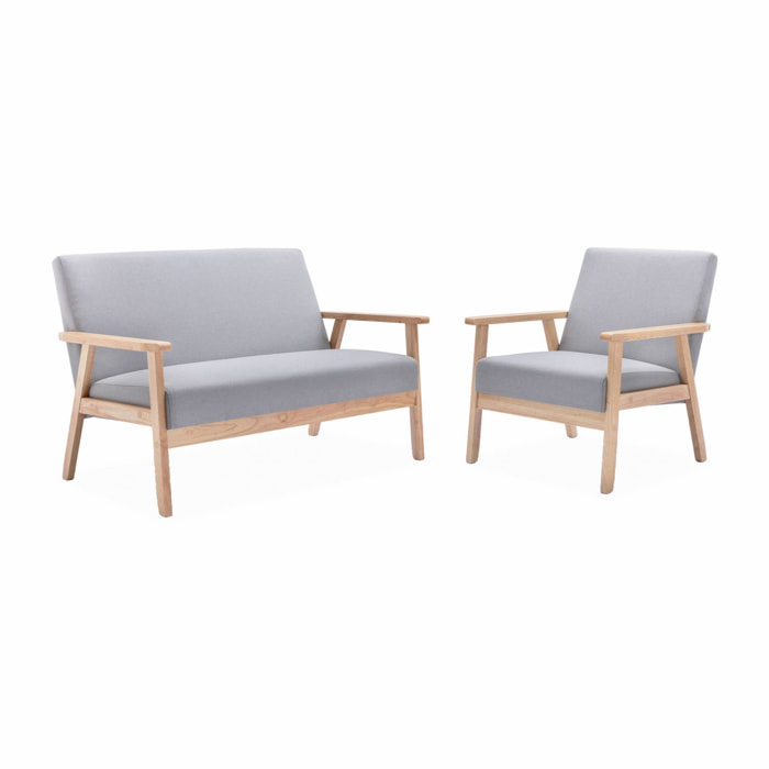 Banquette et fauteuil en bois et tissu gris clair. Isak. L 114 x l 69.5 x H 73cm
