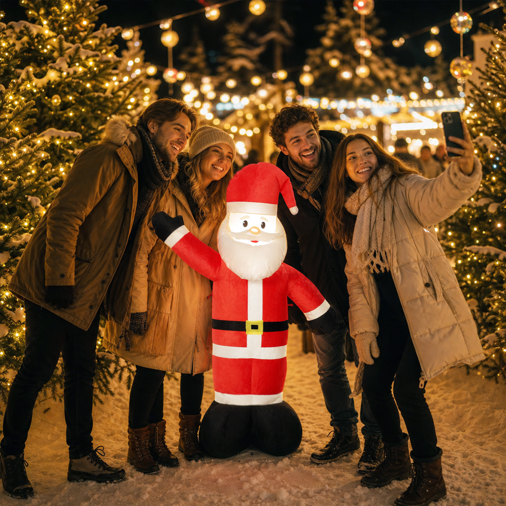 Outsunny Papá Noel Hinchable de Navidad 150 cm, Papá Noel Inflable con Luz LED, Acabado Aterciopelado, Bolsa de Almacenamiento, Decoración Navideña para Exteriores Interiores, Rojo