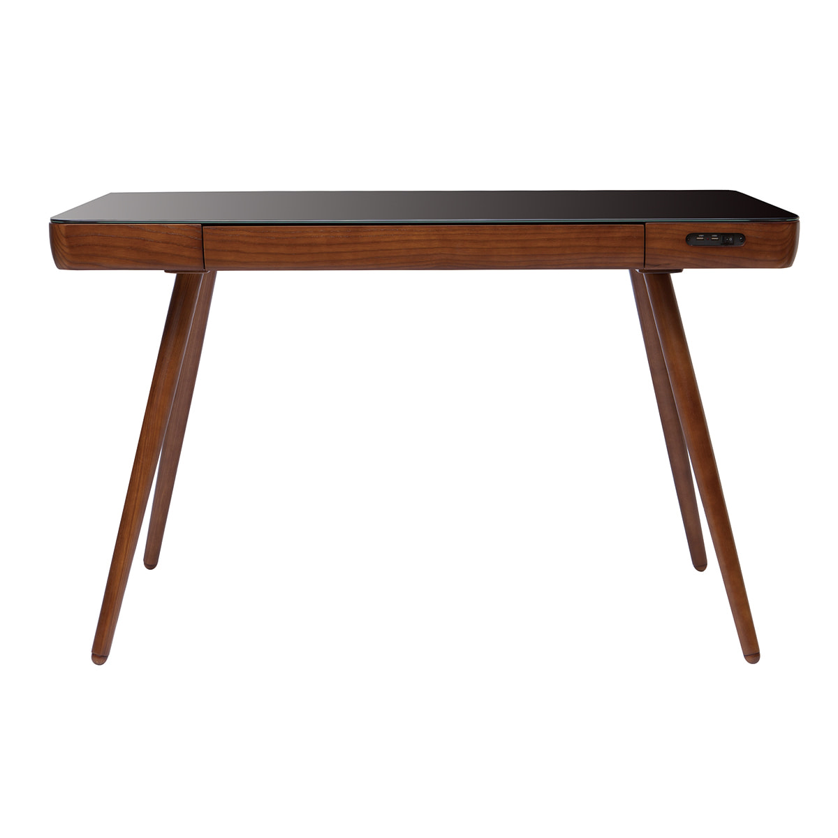 Bureau connecté multimédia avec tiroir en verre noir et bois foncé noyer L120 cm CLEVER