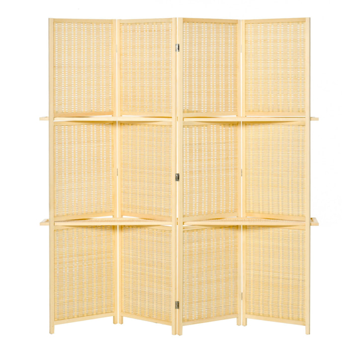 Paravent intérieur 4 panneaux 2 étagères pliables séparateur de pièce bois de pin bambou tissé