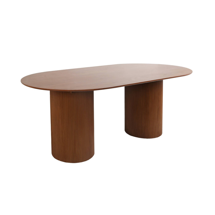 Table à manger oblongue effet bois sculpté 4-6 places. couleur noyer. 180cm