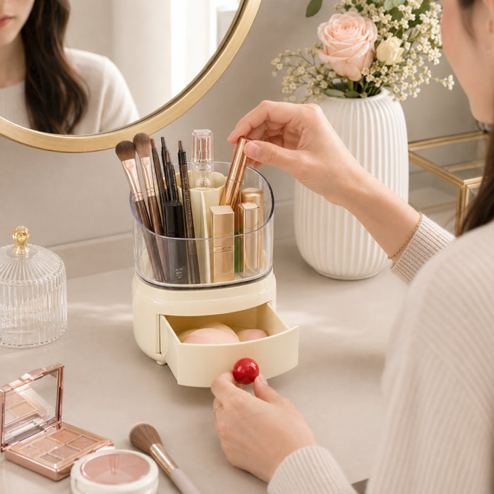 Organizador de maquillaje color crema con cúpula y cajón