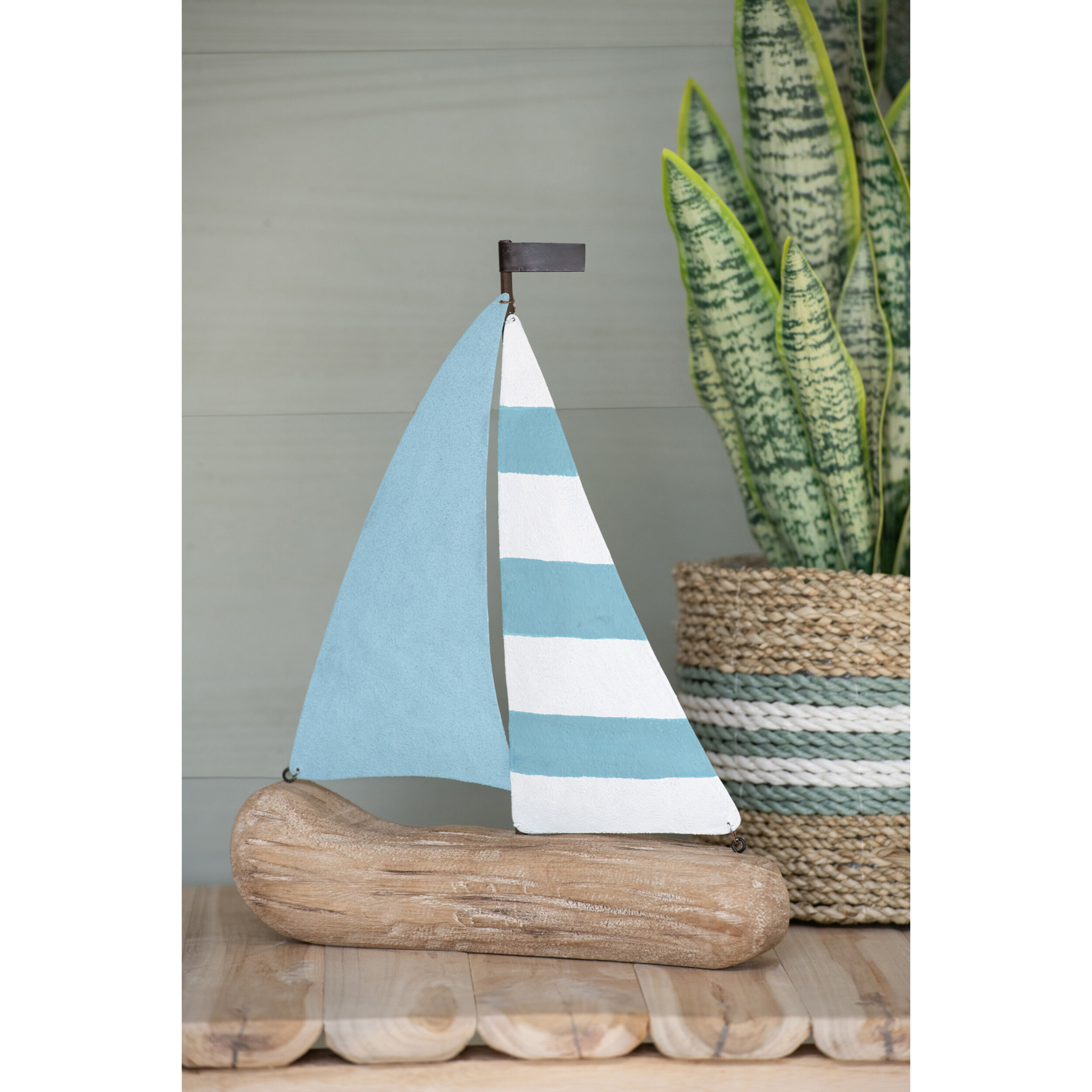J-Line Voilier décoratif - bois - naturel/bleu clair - small