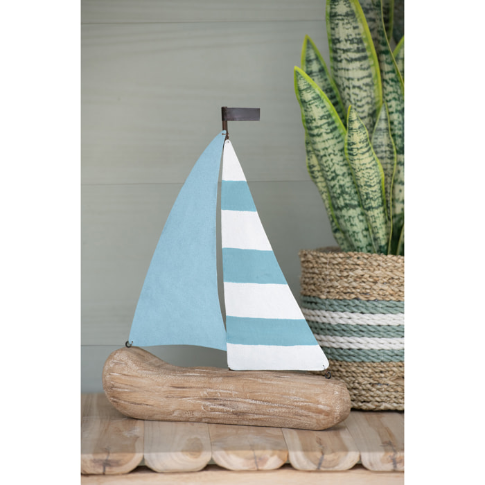 J-Line Voilier décoratif - bois - naturel/bleu clair - small