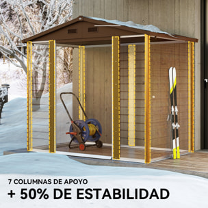 Caseta de Jardín Exterior 3 m² 235,7x152x208,7 cm Cobertizo de Jardín Exterior Metálica con 2 Puertas Corredizas y 4 Ventanas para Almacenamiento de Herramientas Efecto Madera Natural y Café