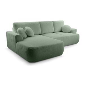 Candela - canapé d'angle gauche 4 places - convertible avec coffre - en tissu bouclette - Vert sauge