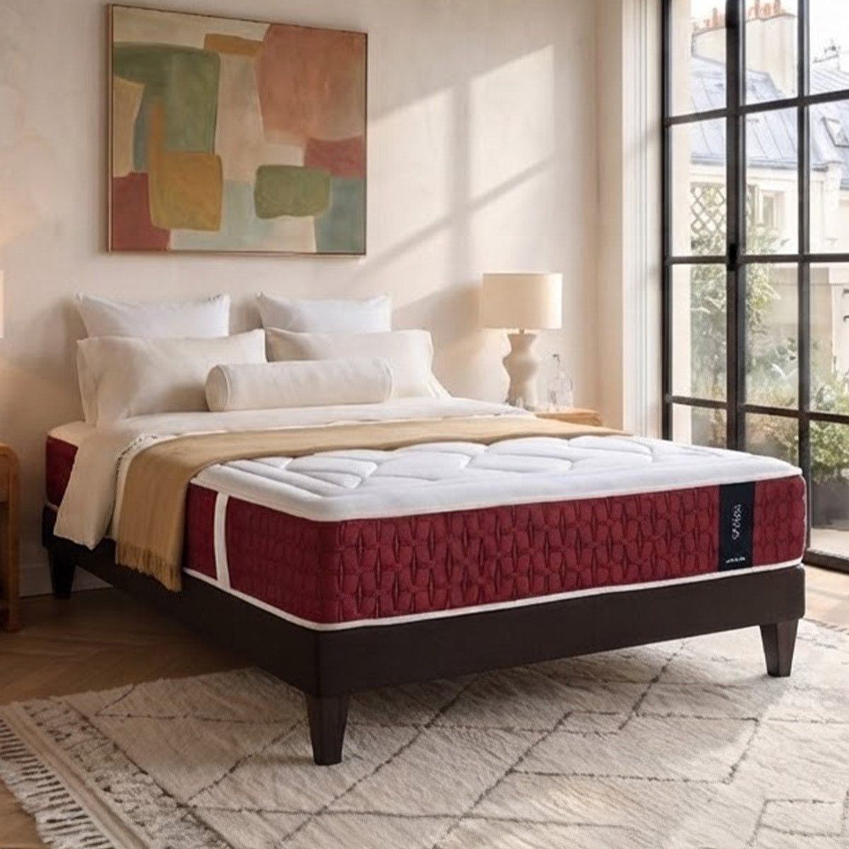 Ensemble Matelas Hybride Passion & Sommier Kit Tissu, Ressorts Ensachés & Mémoire de Forme, 32 cm, Accueil Moelleux, Soutien Ferme