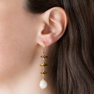 PERLAVIVA - Orecchini Pendenti in Argento 925 placcato Rodio con Occhio di Tigre e Perle Ming Bianche d'Acqua Dolce Ø 11/12 mm