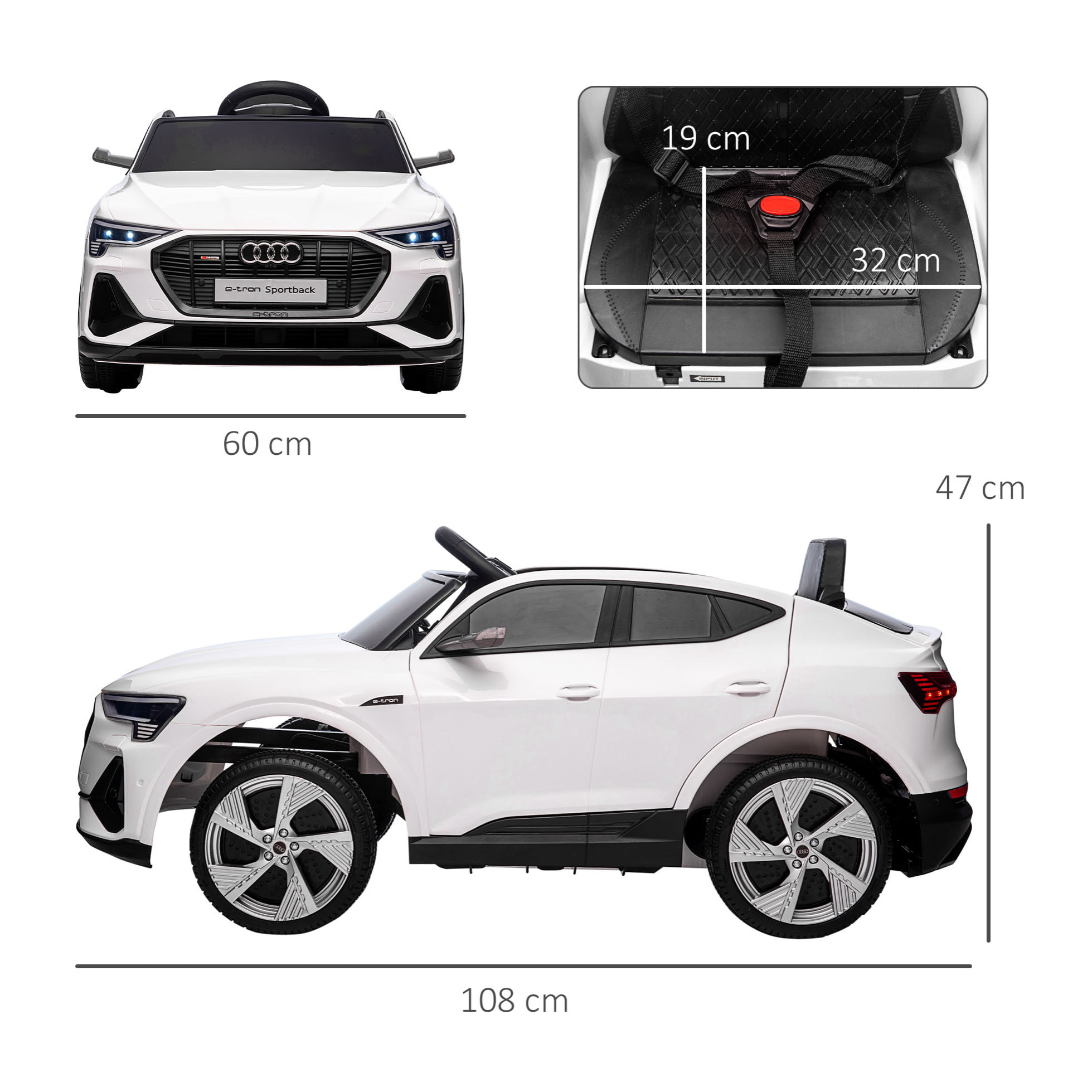 Voiture véhicule électrique enfant e-tron Sportback S line 12 V - V. max. 8 Km/h - effets sonores, lumineux - télécommande, port USB, MP3 - blanc