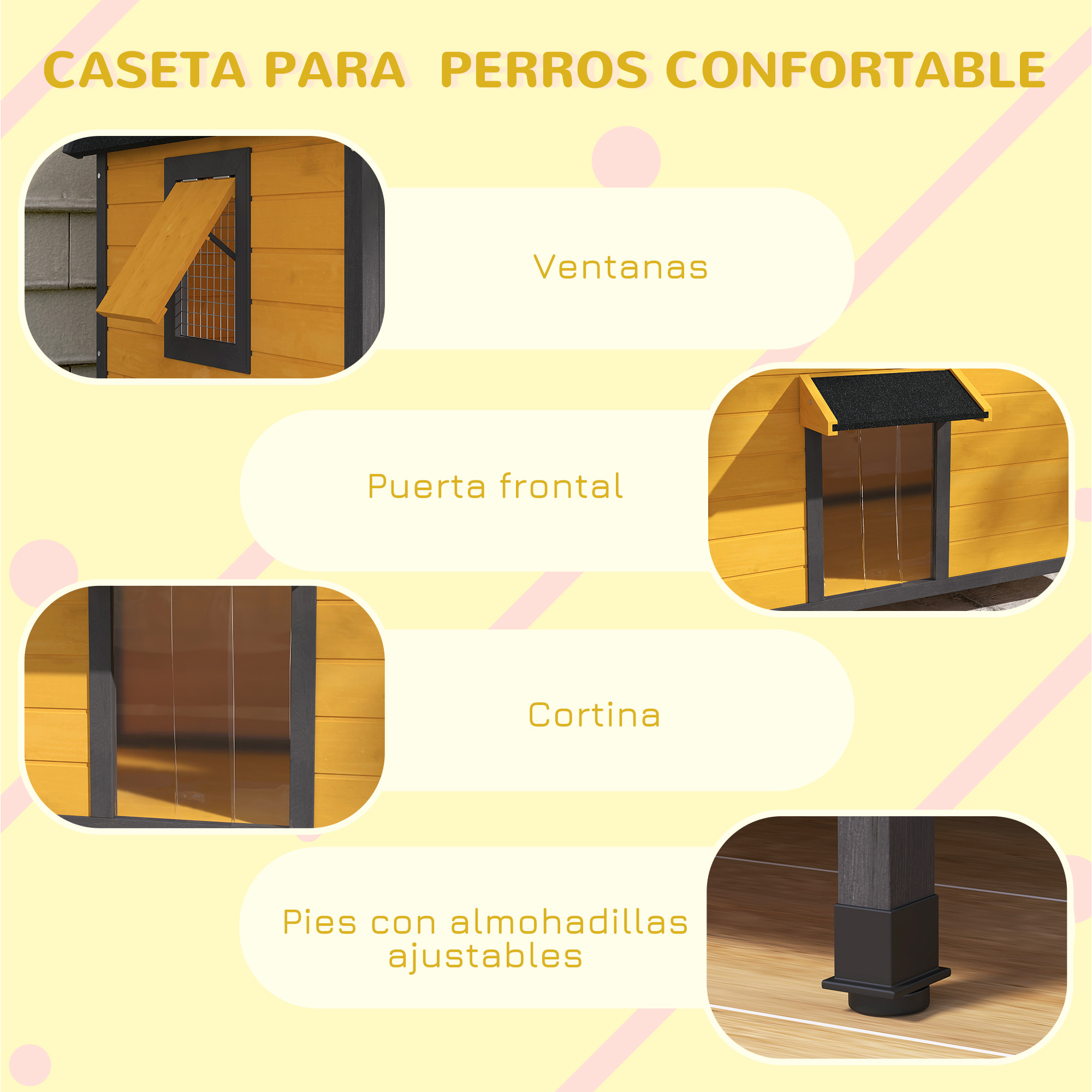 Caseta para Perros Exterior Casa para Perros Pequeños con Techo Asfáltico Abatible 2 Ventanas Puerta con Cortina y Base Extraíble 97x72x65 cm Madera Natural