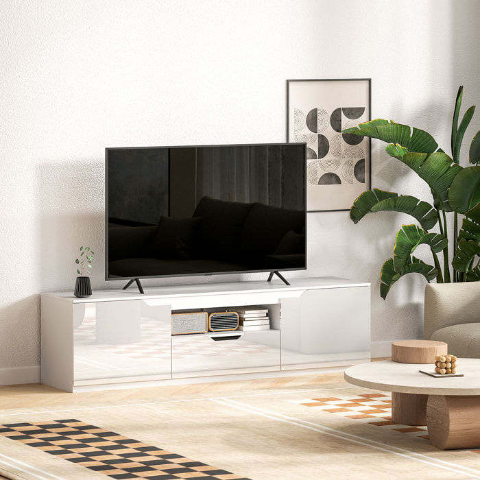 Meuble TV design façade laquée 2 portes tiroir niche blanc