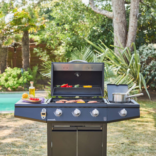 Barbecue gaz 3 brûleurs + 1 feu latéral avec roues, tablettes et thermomètre TREVILLE 3