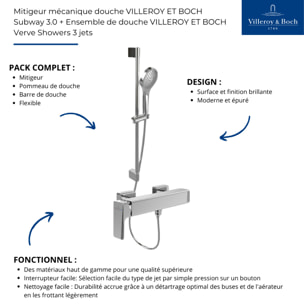 Mitigeur mécanique douche Subway 3.0 Chrome + Ensemble de douche Verve Showers 3 jets Chrome