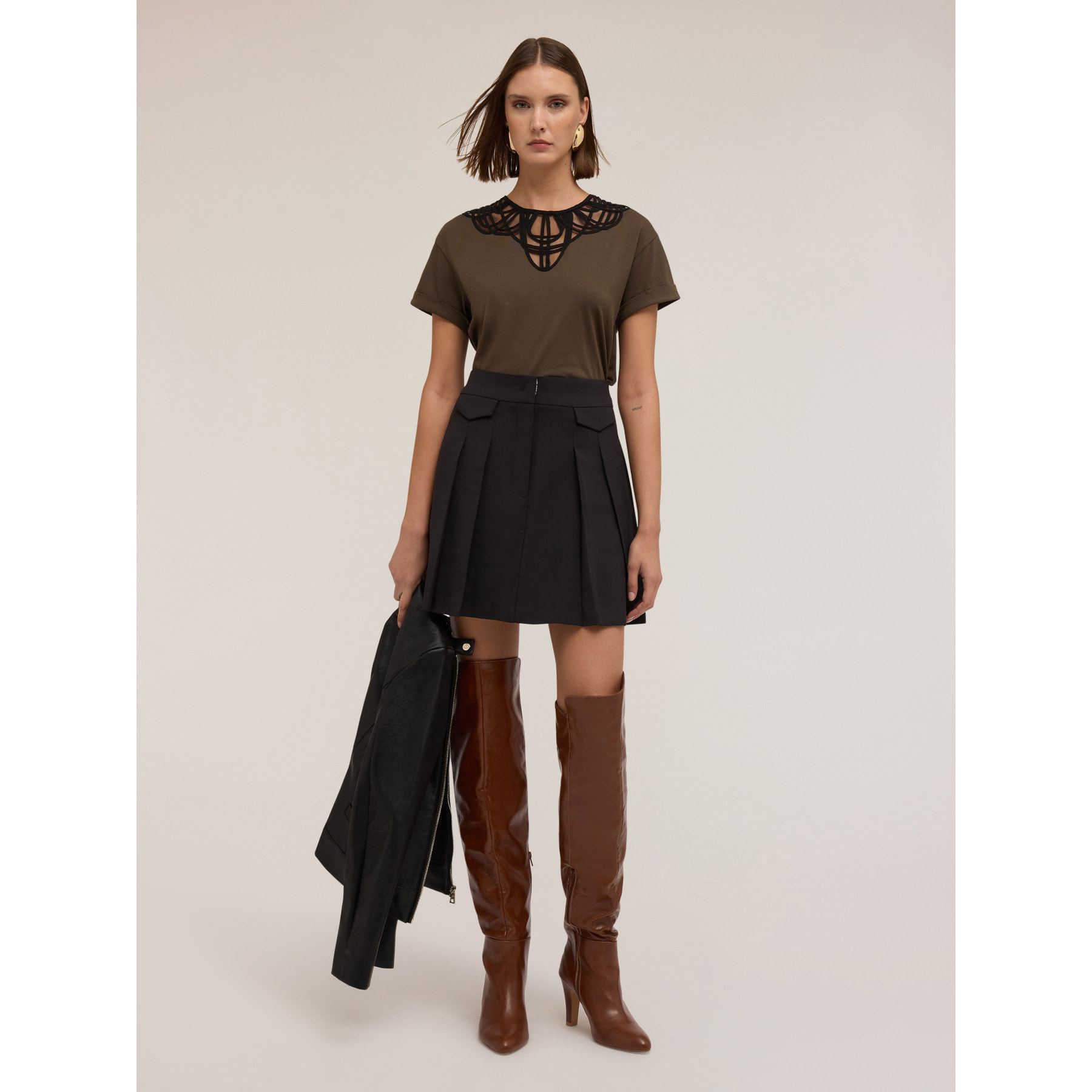 Motivi - Camiseta bordada de mezcla de modal - Verde militare