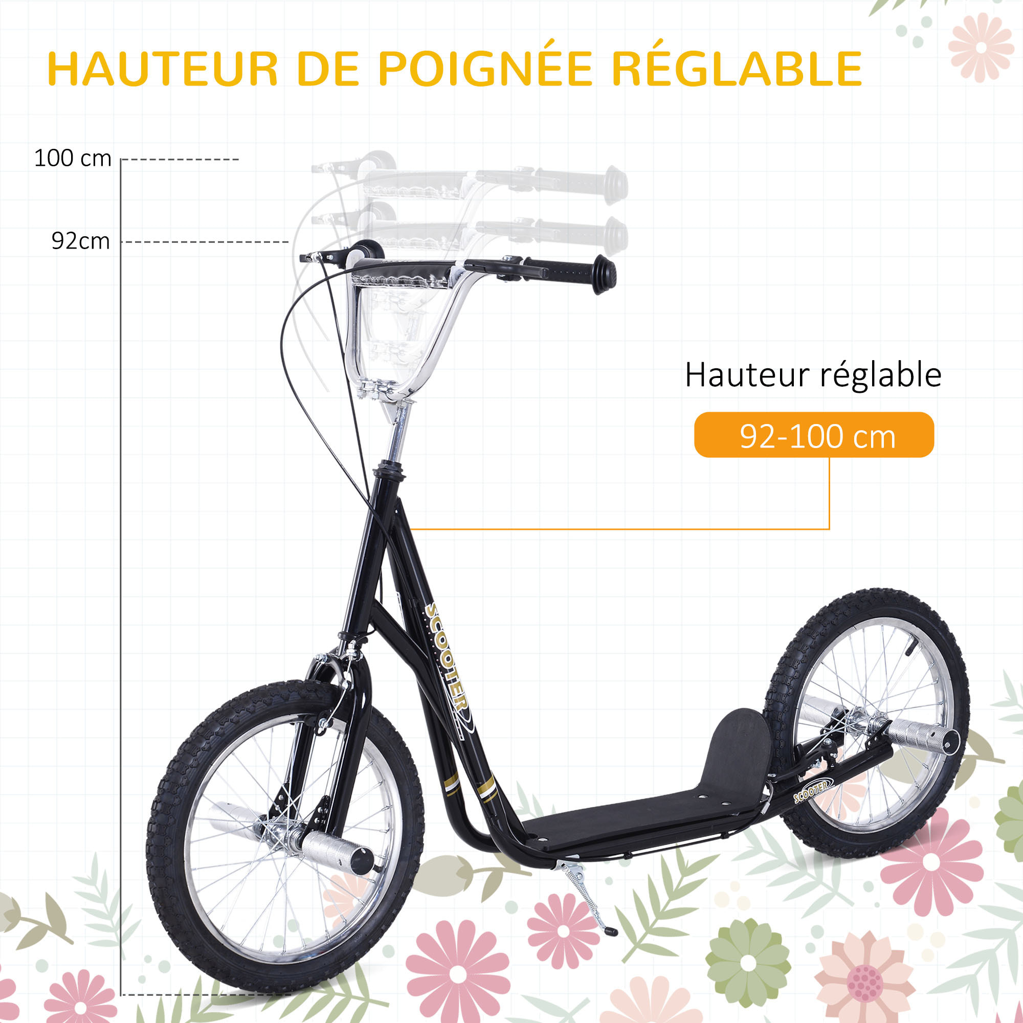Trottinette patinette freestyle grandes roues pneumatiques Ø 41 cm hauteur guidon réglable béquille pegs inclus acier noir