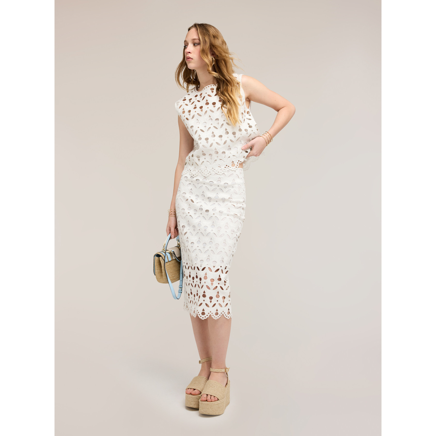 Motivi - Falda tubo en tejido coated efecto sangallo - Blanco